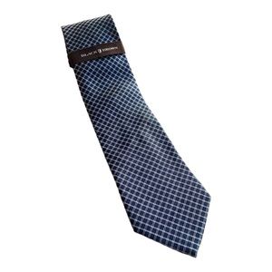 New Men’s Black Brown 1826 Navy & White Plaid Print Silk Tie